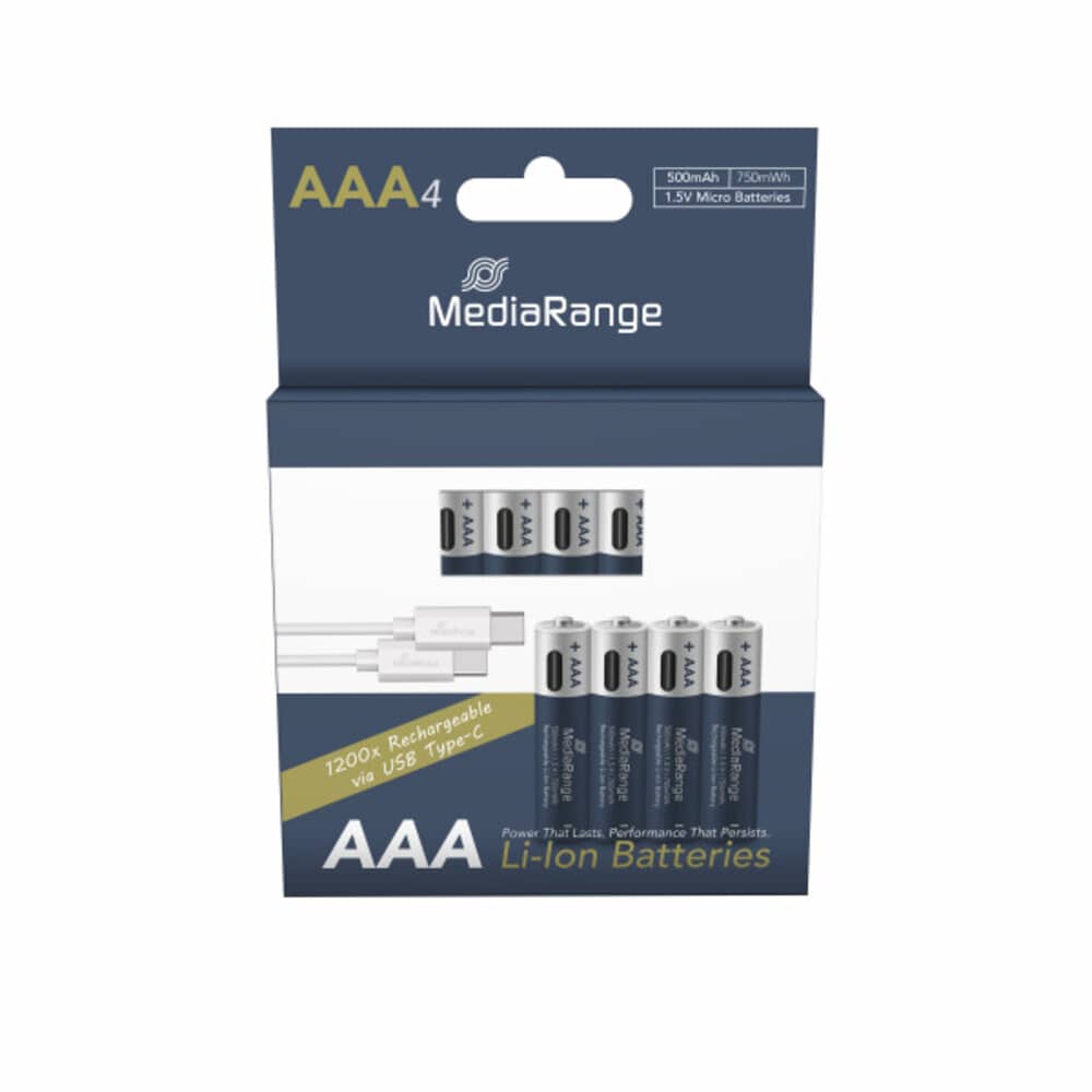 MEDIARANGE MRBAT160 | Rechargeable USB-C Li-Ion Batteries, Micro AAA I 1.5V I 500mAh, 4-Pack