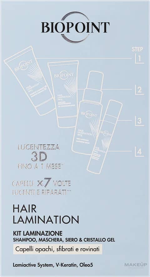 Set për flokë Biopoint Hair Lamination Lamiactive System, V-Keratin & Oleo5, Shampo, 20ml + Maskë, 20ml + Serum, 20ml + Xhel, 8ml