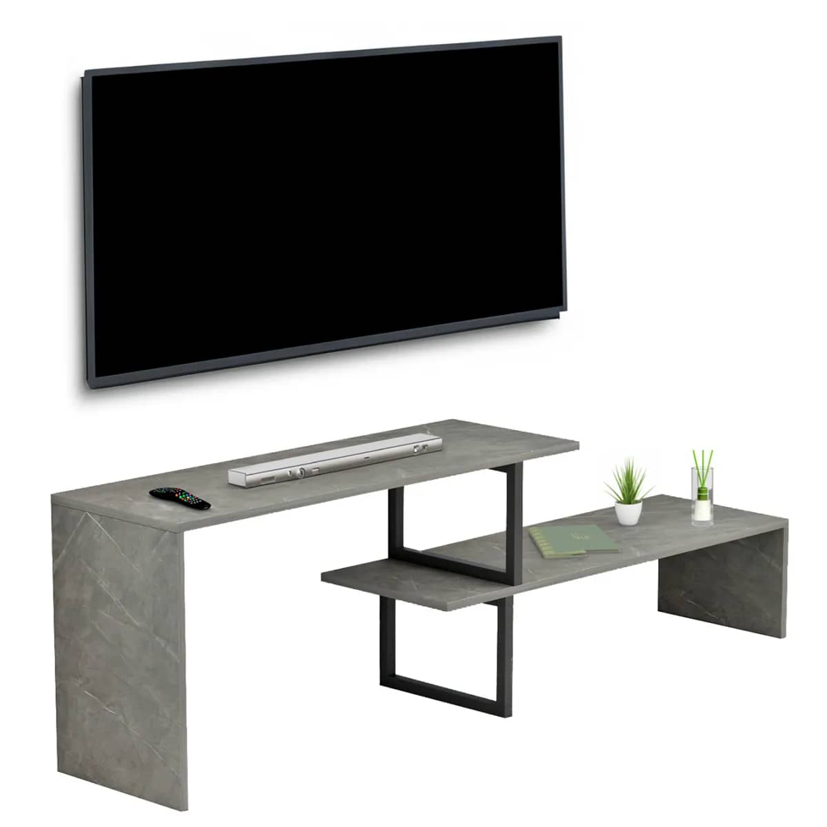 Mobilie TV e Zgjerueshme BRIGGITE HM8892.11 – Melamine Teksturë Guri e Gri me Këmbë Metalike të Zeza 110-160x30x45Hcm