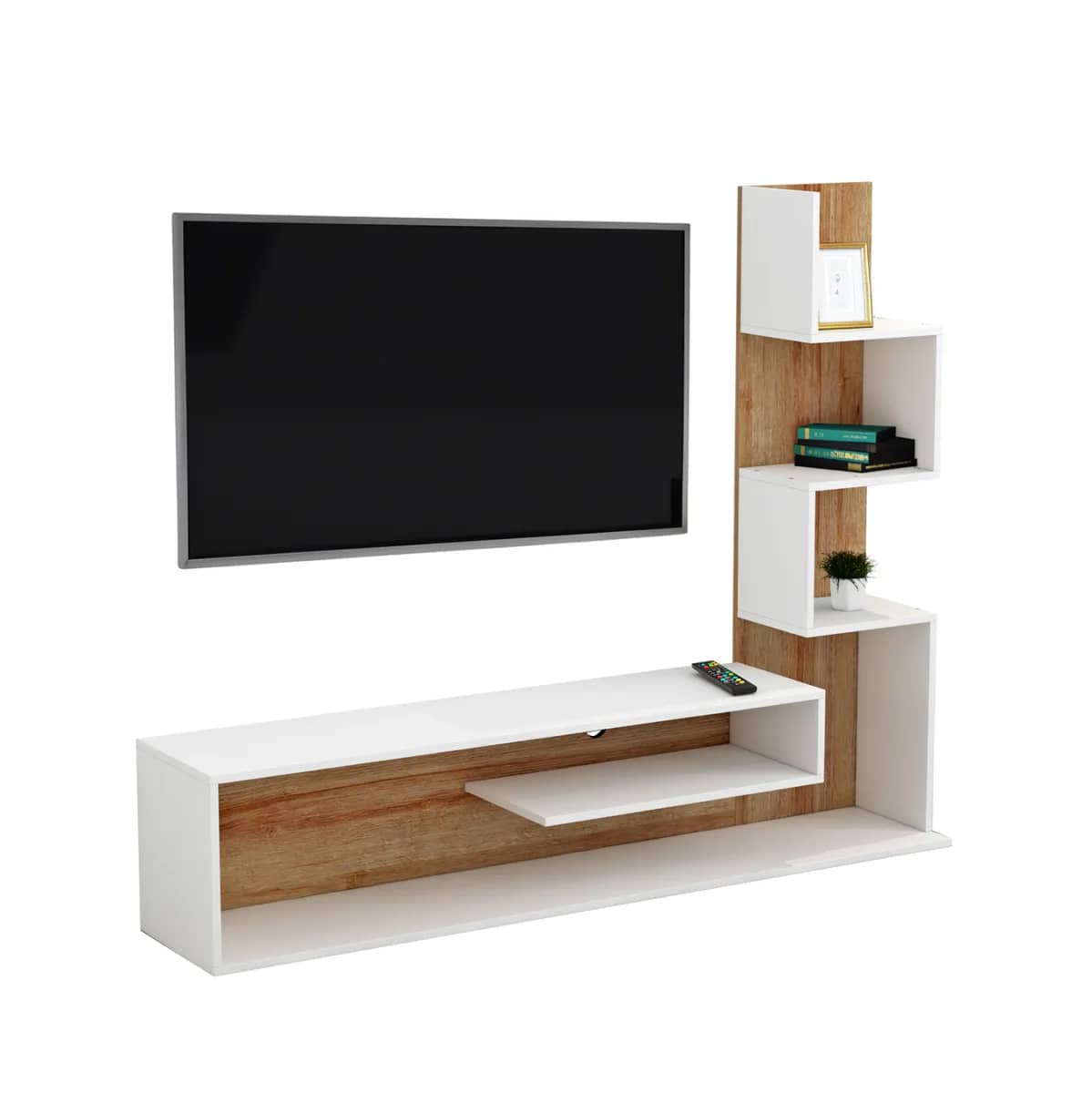 MOBILIE PËR TV COMBO EDELIE HM8908.11 NGA MELAMINË – E BARDHË DHE NATYRALE – 150x29.5x120H cm