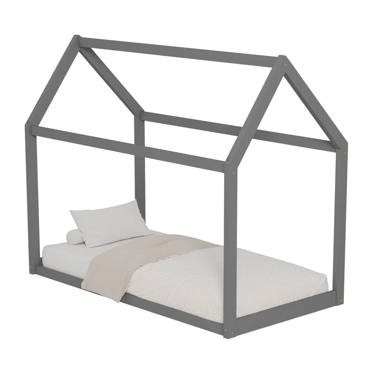 Shtrat për Fëmijë PEPE HM678.05 – Stil Montessori – Druri i Fortë i Pishës në Ngjyrë GRI – 140x70 cm