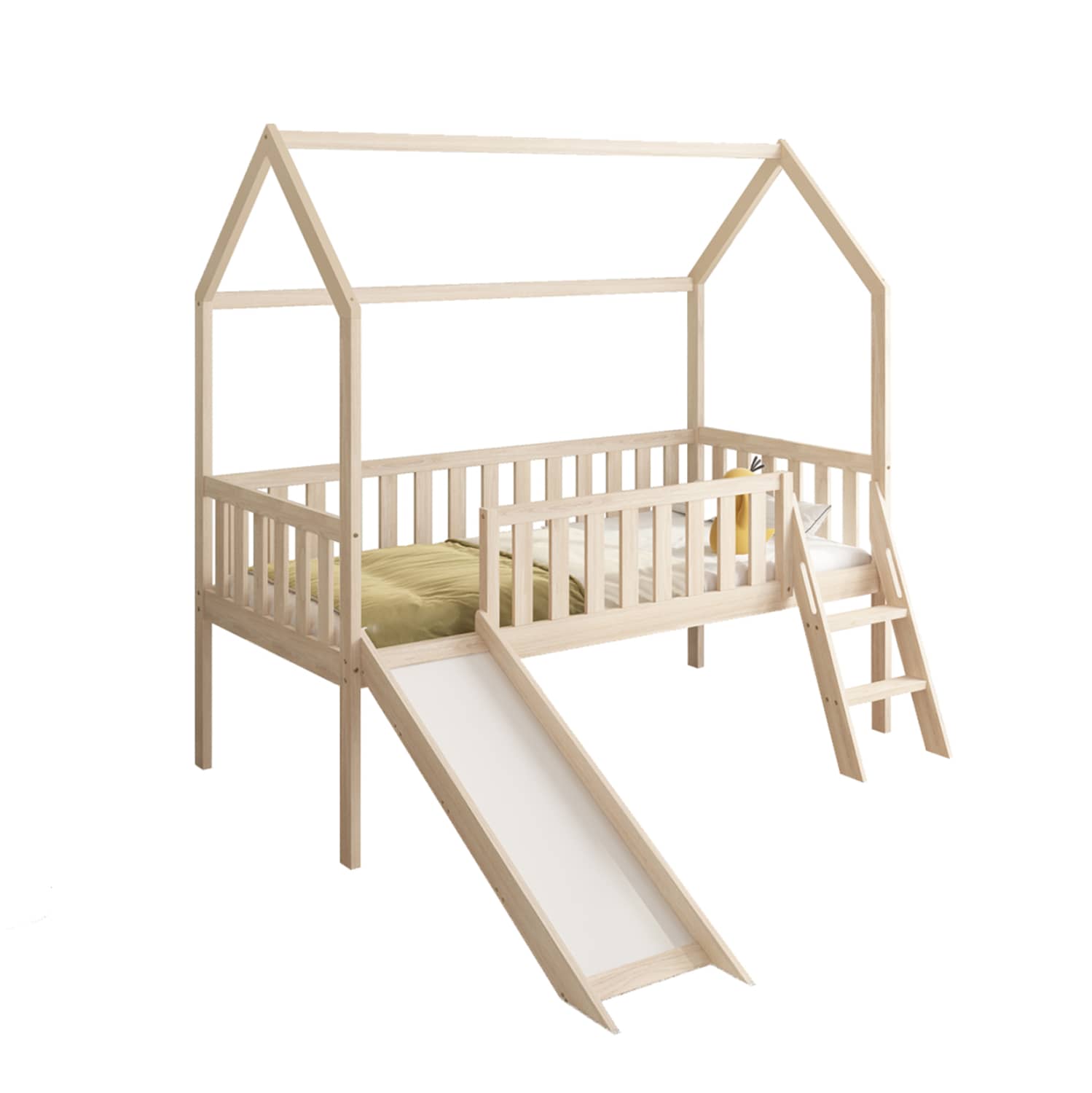 KREVAT PËR FËMIJË TIP MONTESSORI ME RRËSHQITËSE PHYLLIS HM701.01 NGA DRURI I PINIT NË NGJYRË NATYRALE PËR DYSHEK 90x190 cm