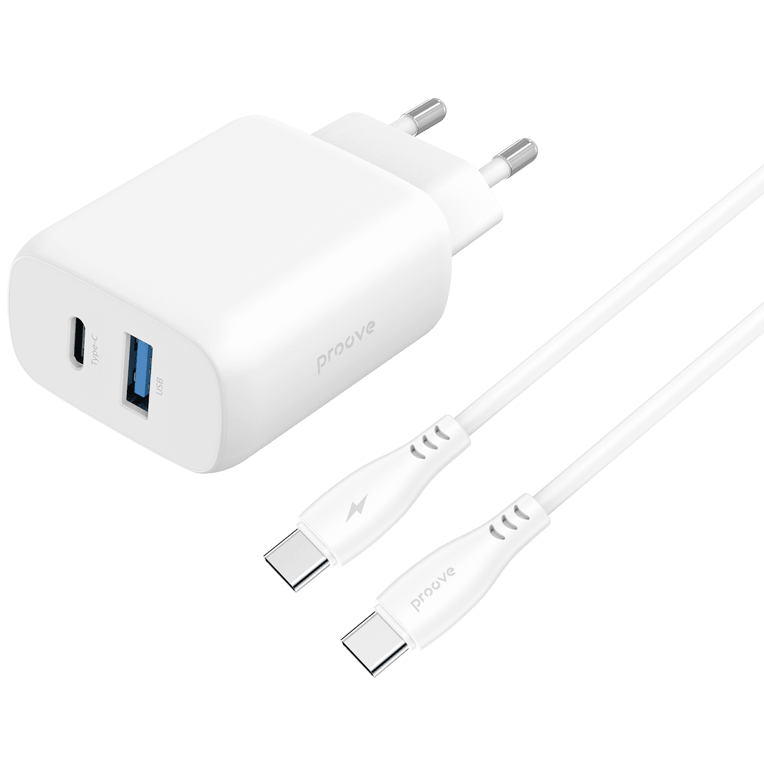 Karikues muri Proove Silicone Power 2, 30W, Type-C + USB, me kabllo Type-C në Type-C, e bardhë