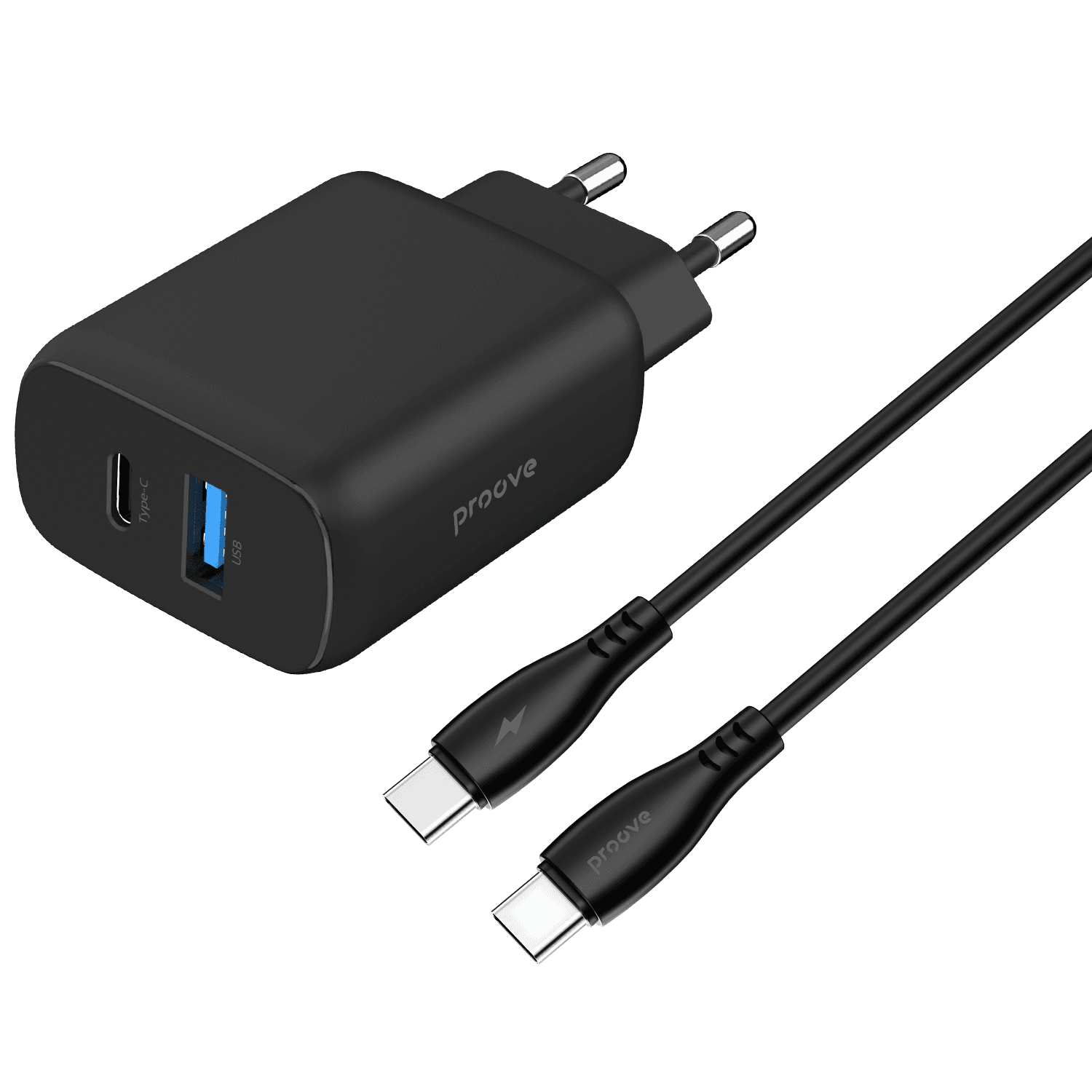 Karikues muri Proove Silicone Power 2, 30W, Type-C + USB, me kabllo Type-C në Type-C, i zi