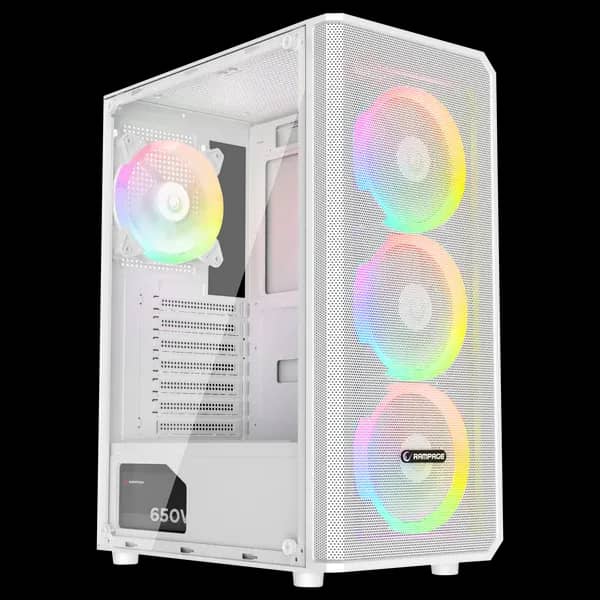Kasa per PC — Rampage Helios Mesh 650W 80 Plus Bronze White ATX Mid‑Tower Gaming